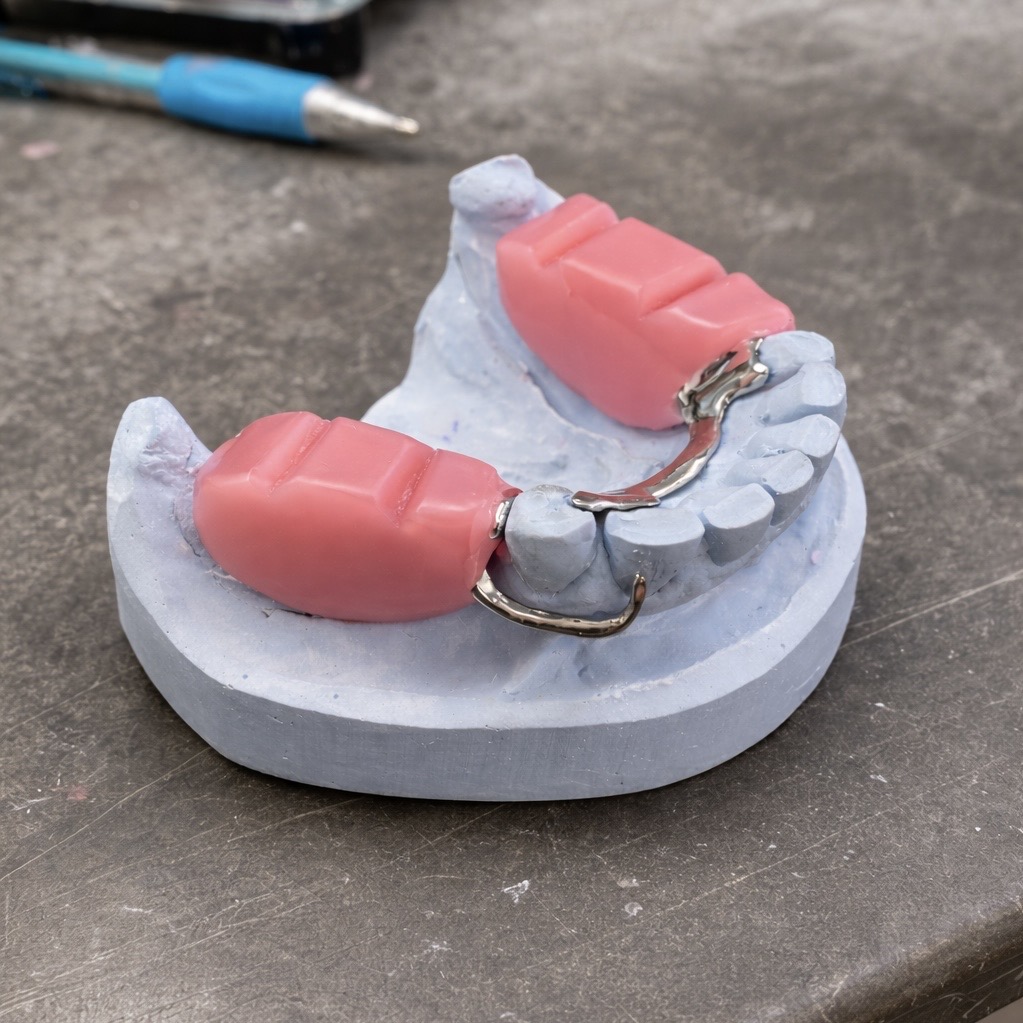 Cast partial denture with pink acrylic on model